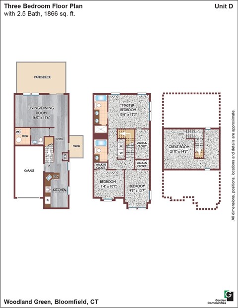 Floor plan for 3 beds, 2.5 baths, 2003 sqft